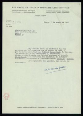 Carta de M. M. van der Gulden en la que, por indicación de C. F. A. van Dam, comunica sus nuevas ...