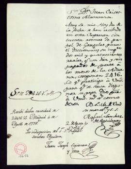 Carta de Rafael Sánchez de Aguilera a Juan Crisóstomo Alamanzón sobre la recepción de 50 resmas d...