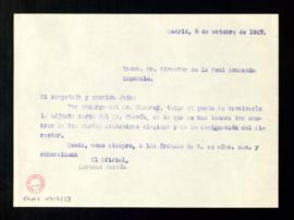 Copia sin firma de la carta de Lorenzo García al director [José María Pemán] con la que, por indi...
