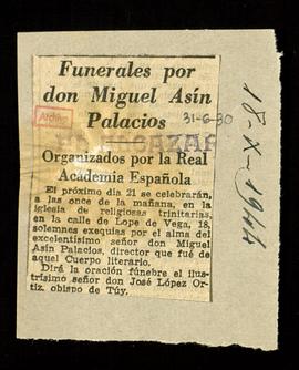 Recorte del diario El Alcázar con la noticia Funerales por don Miguel Asín Palacios