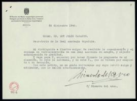 Carta de Ricardo del Arco y Garay a Julio Casares, secretario, en la que acusa recibo de su nombr...