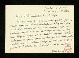 Tarjeta de Pablo de Azcárate a Melchor Fernández Almagro con la que le envía una carta para el du...