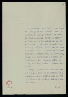 Copia del oficio del secretario a Rodolfo Grossman de comunicación de su elección como académico ...
