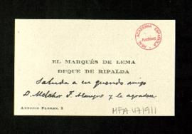 Tarjeta del marqués de Lema a Melchor Fernández Almagro en la que le agradece el envío del libro ...