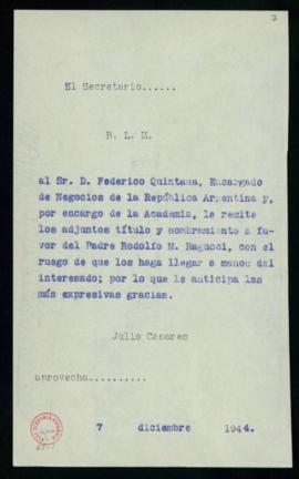 Minuta del besalamano de Julio Casares a Federico Quintana, encargado de Negocios de la República...