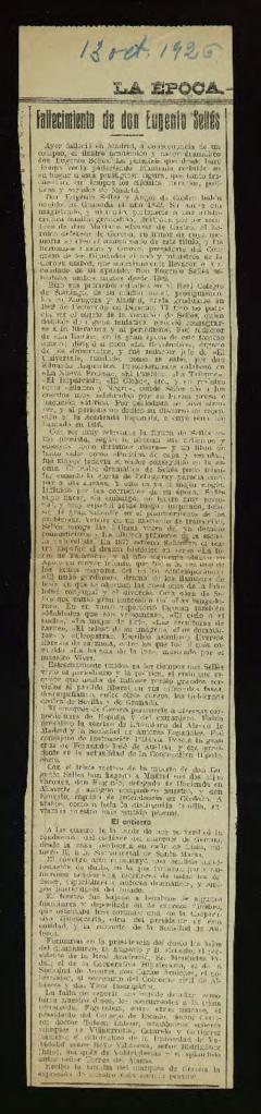 Recorte del diario La Época de 13 de octubre de 1926, con la noticia del fallecimiento de Eugenio...