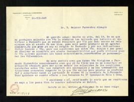 Carta de Francisco González Carrascosa a Melchor Fernández Almagro en la que le ruega que se diri...