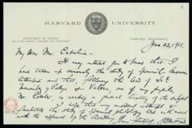 Carta de J. D. M. Ford a Mariano Catalina en la que le informa que uno de sus discípulos, Mr Coes...