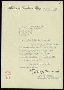 Carta del embajador de Noruega al secretario [Julio Casares] con la noticia del fallecimiento de ...