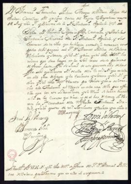 Orden del marqués de Villena de libramiento a favor de Manuel Pellicer de Velasco de 876 reales y...