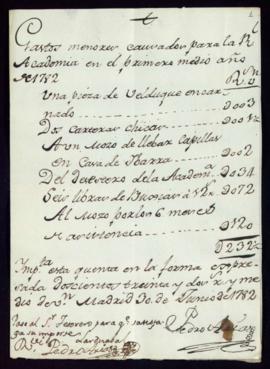 Gastos menores causados para la Academia en el medio año primero de 1782
