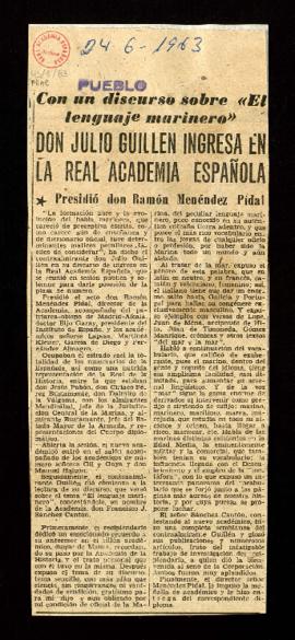 Recorte del diario Pueblo con la crónica titulada Don Julio Guillén ingresa en la Real Academia E...