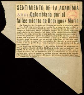Recorte de prensa del diario Arriba con la noticia Sentimiento de la Academia colombiana por el f...