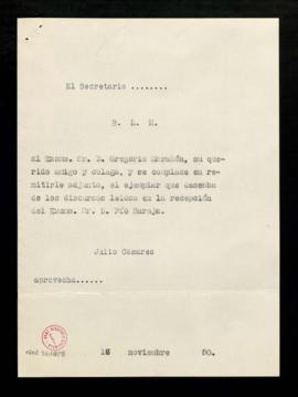 Minuta del besalamano de Julio Casares a Gregorio Marañón con el que le remite un ejemplar de los...