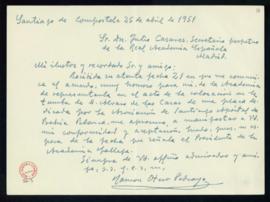 Carta de Ramón Otero Pedrayo al secretario, Julio Casares, en la que acepta su designación como r...