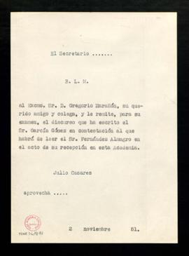Copia del besalamano de Julio Casares a Gregorio Marañón con el que le remite el discurso de cont...