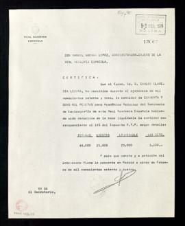 Fotocopia de la certificación de Manuel Guerra López, administrador-cajero de la Real Academia Es...