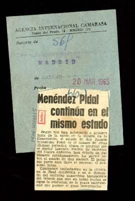 Recorte del diario Madrid con la noticia Menéndez Pidal continúa en el mismo estado