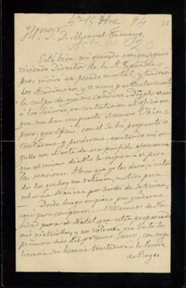 Carta de Juan de la Pezuela al secretario, Manuel Tamayo [y Baus], en la que acepta continuar en ...