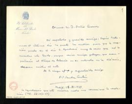 Carta de F. J. Sánchez Cantón a Julio Casares para pedirle que la junta resuelva la fecha del día...