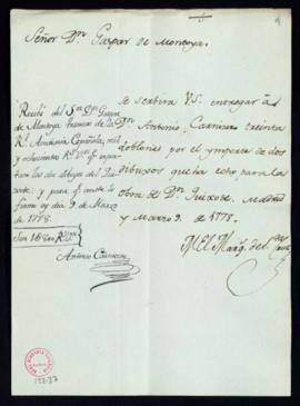 Orden del marqués de Santa Cruz del pago a Antonio Carnicero de 30 doblones por dos dibujos para ...