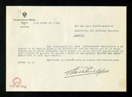 Carta de (ileg.) de la Fuente Iglesias a Luis Cortés Echánove, magistrado del Tribunal Supremo, c...