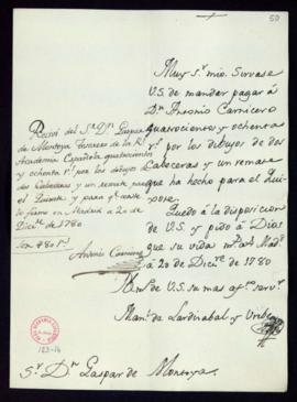 Orden de Manuel de Lardizábal del pago a Antonio Carnicero de 480 reales de vellón por los dibujo...