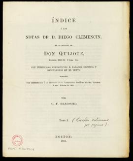 Portada del Índice a las Notas de Diego Clemencín en su edición del Quijote de Charles Bradford