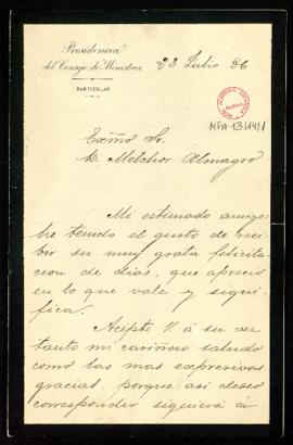 Carta de Práxedes Mateo-Sagasta, presidente del Consejo de Ministros, a Melchor Almagro en la que...
