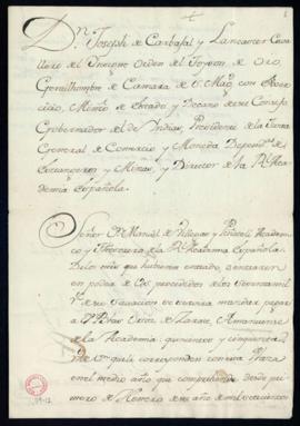 Orden de libramiento a favor de Blas Ortiz de Zárate, amanuense de la Academia, de 550 reales de ...