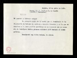 Copia sin firma de la carta a José María de Cossío a la que adjunta copia de la carta del preside...