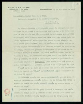 Carta de C. F. Adolf van Dam a Emilio Cotarelo con la que le remite una nueva lista de correccion...