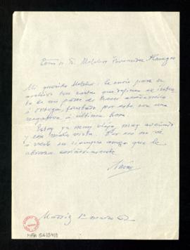 Carta de Amós Salvador a Melchor Fernández Almagro con la que le envía, para su archivo, tres car...