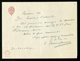 Carta de Emilio Gutiérrez-Gamero a Emilio Cotarelo con la que le devuelve el discurso del padre L...