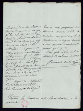 Carta de Ricardo de la Vega al secretario [Manuel Bretón de los Herreros] con la que remite la me...