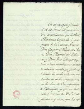 Carta de Joaquín Baranda a Manuel Tamayo y Baus, secretario de la Real Academia Española, en la q...