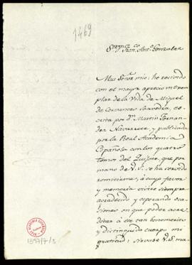Carta de Gregorio Barcones Carrión a Francisco Antonio González en la que agradece el envío de la...