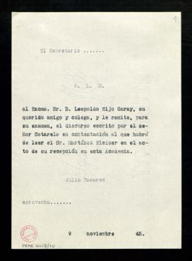 Copia sin firma del besalamano de Julio Casares, secretario, a Leopoldo Eijo Garay con el que le ...