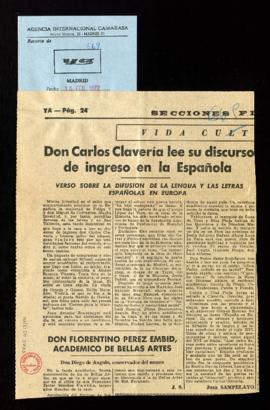 Recorte del diario Ya con el artículo titulado Don Carlos Clavería lee su discurso de ingreso en ...