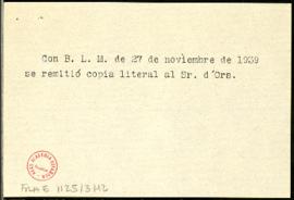 Nota sobre el envío de una copia de la carta del ministro a Eugenio d'Ors