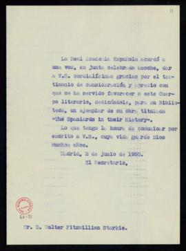 Copia sin firma del oficio de Julio Casares a Walter Starkie de traslado del agradecimiento de la...