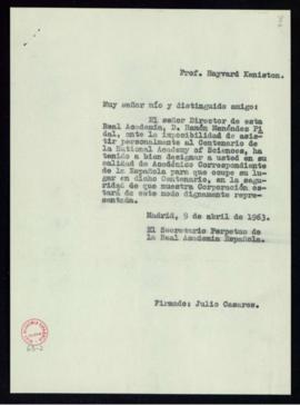 Copia de la carta de Julio Casares a Hayward Keniston sobre su designación por el director para q...