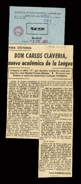 Recorte del diario Ya con el artículo Don Carlos Clavería, nuevo académico de la Lengua, por Juan...