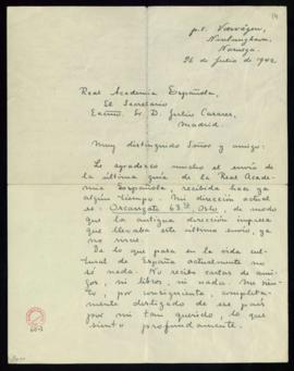 Carta de Magnus Grönvold a Julio Casares en la que acusa recibo del Anuario, se queja de que está...