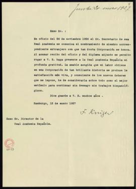 Carta de Fritz Krüger al director en la que le agradece su nombramiento como académico correspond...