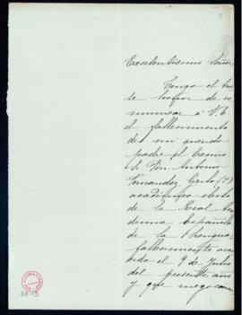 Carta de Magdalena Grilo al director [el conde de Cheste] de comunicación del fallecimiento de su...