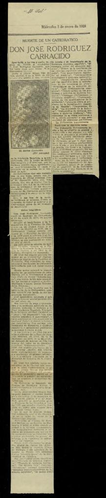 Recorte del diario El Sol de 4 de enero de 1928, con la noticia del fallecimiento de José Rodrígu...