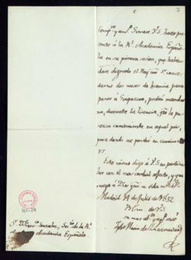 Carta de José María de Zuaznávar a Francisco Antonio González en la que le comunica su marcha a G...