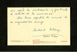 Tarjeta de visita de Gabriel Celaya a Melchor Fernández Almagro en la que le dice que ha leído co...