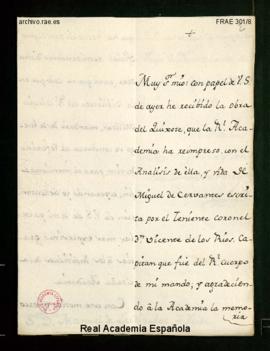 Carta del conde de Lacy a Manuel de Lardizábal y Uribe de agradecimiento por el envío de un ejemp...
